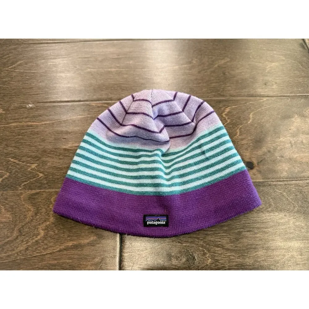 Patagonia Baby Purple White Blue Striped Beanie Warm Hat Size S Small